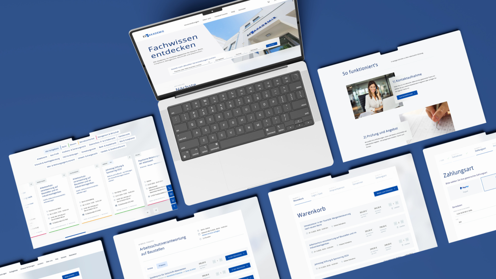 Mockups der ESV Akademie Plattform mit Kurs&uuml;bersicht, Buchungsprozess und Checkout